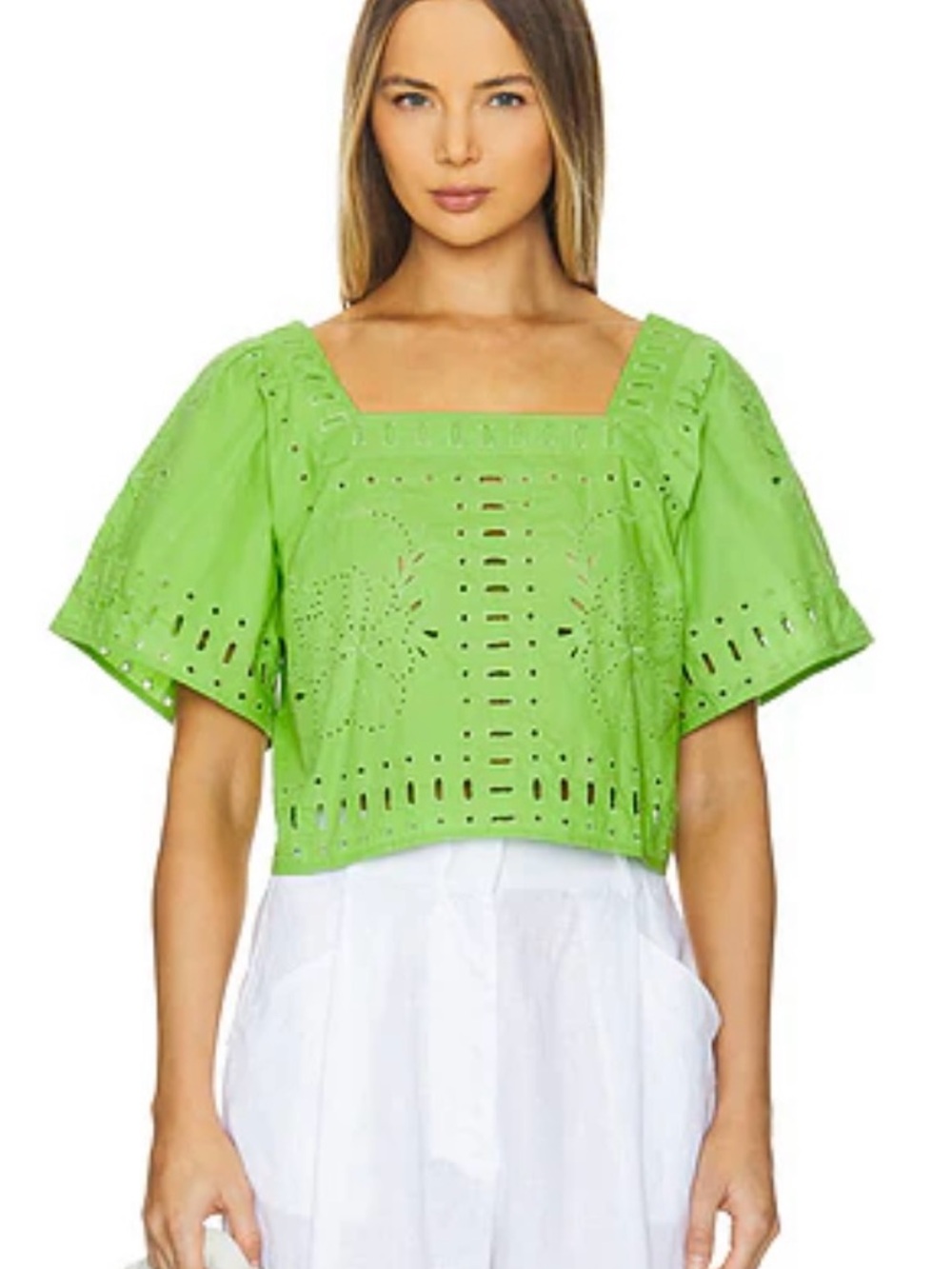NWOT Rails Laine Cotton Eyelit Lace-Trim Square Neck Crop Top Island Green Large